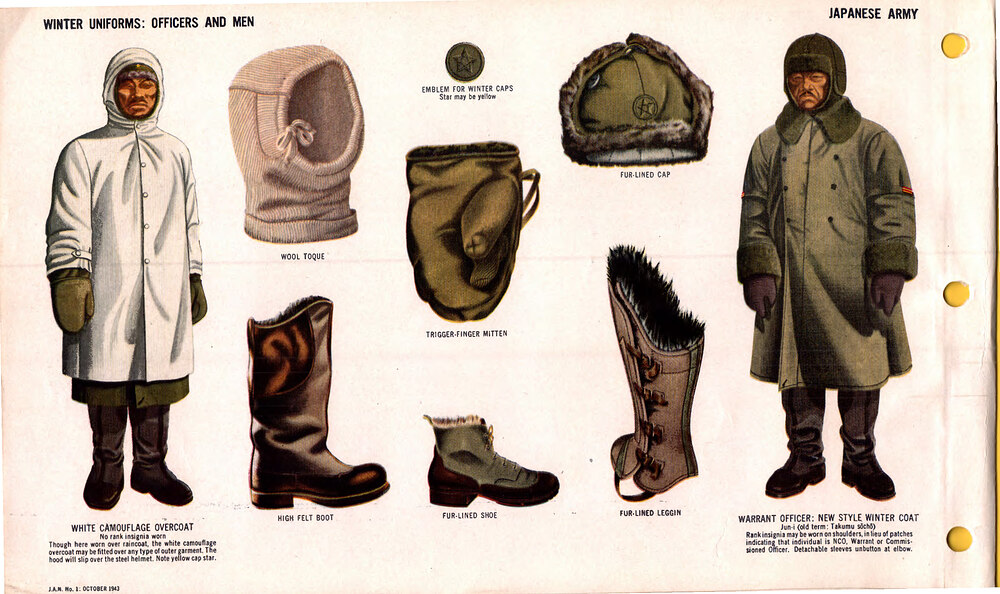 ONI_JAN_1_Uniforms_and_Insignia_Page_077_Japanese_Army_WW2_Winter_uniforms._Officers,_men._White_camouflag...at_trigger-finger_mitten_toque_felt_boot_fur-lined_shoe_leggin_cap_new_style_winter_coat_Oct_1943_Field_recognition_No_cop