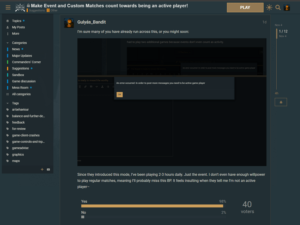 Make Event and Custom Matches count towards being an active player! - Suggestions _ Other - Enlisted - Google Chrome 2025. 11. 05. 19_13_10