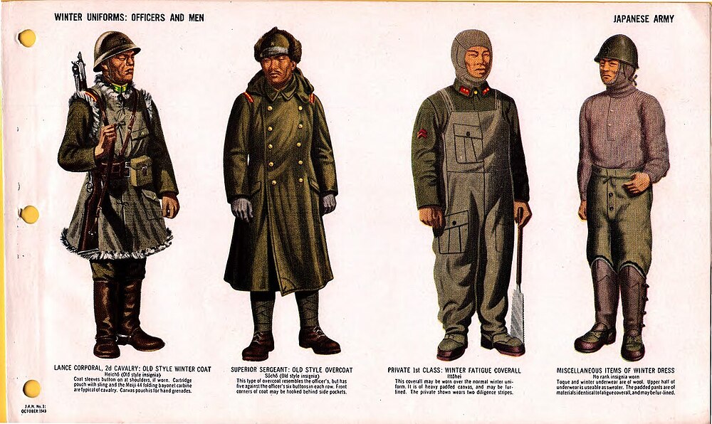 ONI_JAN_1_Uniforms_and_Insignia_Page_078_Japanese_Army_WW2_Winter_uniforms_Officers,_men._Old_wintercoat,_overcoat,_winter_fatigue_coverall_of_padded_canvas,_padded_pants,_toque,_underwear,_etc_Oct_1943_US_field_re