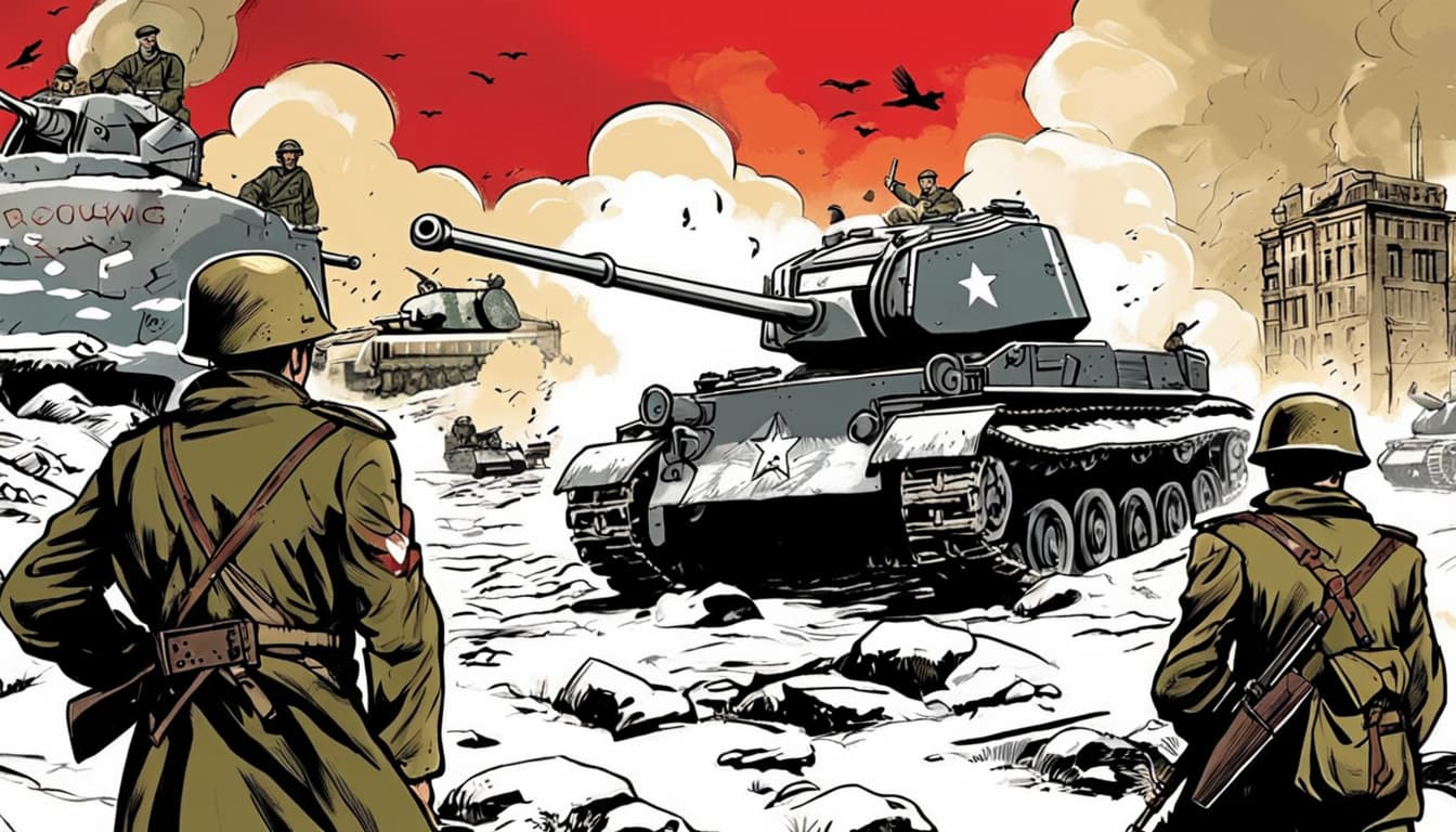 World_War_II__The_Battle_of_Stalingrad__in_the_foreground_are_two_Red_Army_soldiers_in_the_background_is_a_German_tank_PZ_steps-34_style-Comic_Book_width-1344_height-768_seed-0ts-1690019489_idx-0